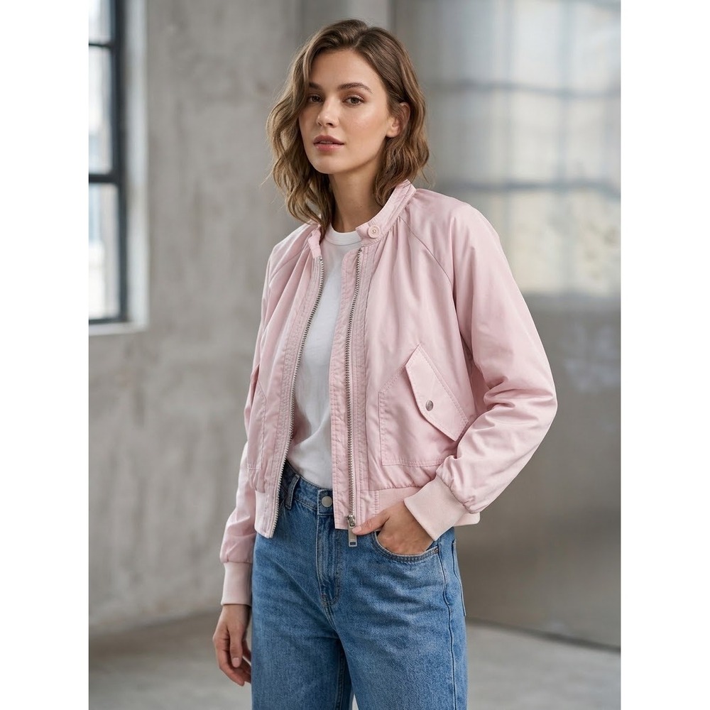 Free People Women's Light Pink Bomber Jacket Full Zip Mock Neck Raglan Small